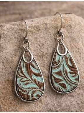 Patricia Nash Turquoise Tooled Leather Teardrop Earrings Western Boho Statement